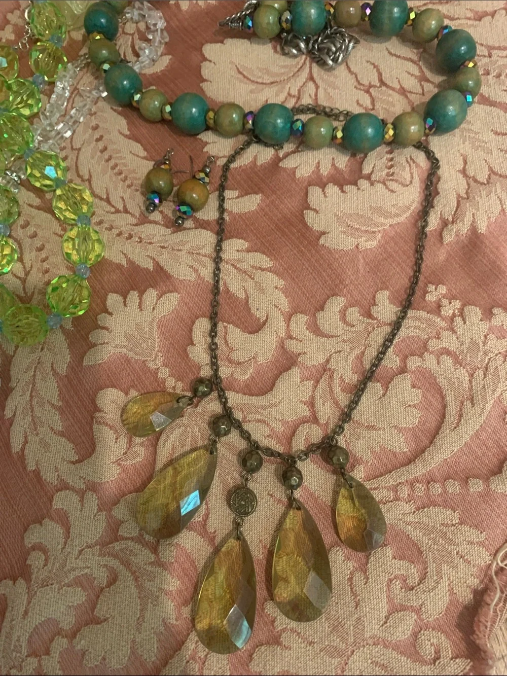 Lot of  Beaded Statement Necklaces Set with Matching Earrings brooches green